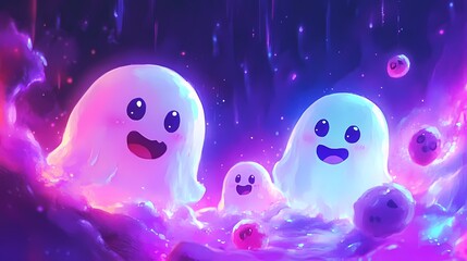Colorful, cheerful ghosts with big eyes floating in a magical environment.