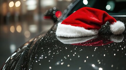 Santa hat on shiny hood of new car in showroom, Christmas sale