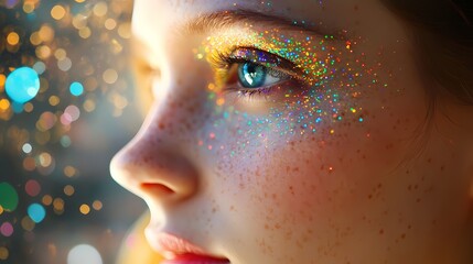 Close-up of a young girl with sparkling, colorful makeup and bright blue eyes.