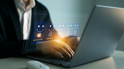  Review customer satisfaction feedback service.Customer satisfaction and survey service concept.Person give five stars and feedback review for quality product.