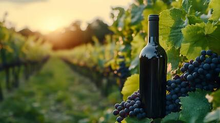Fototapeta premium Wine Bottle in Vineyard at Sunset.