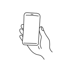 Hand Gesture with Smartphone Line Art. Outline icon. Fingers holding mobile phone with empty screen. Vector illustration
