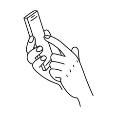 Gesture with smartphone Line art. One hand holding mobile phone and finger touching empty screen. Outline sketch doodle. Vector illustration