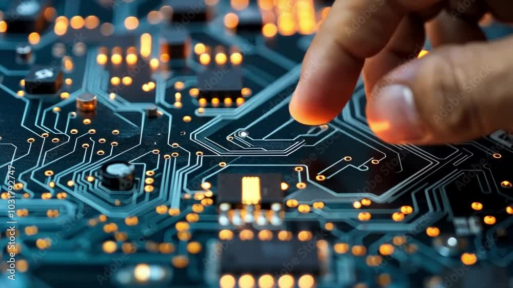 Poster A hand reaches out to touch a small microchip illuminated by bright lights on a complex circuit board filled with intricate patterns and glowing components.