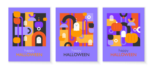 Fototapeta premium Halloween card set with a minimalistic design. Colored shapes and ghosts on a colored background. Happy Halloween cards. 
