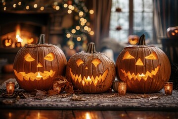 Three large jack-o'-lanterns glowing intensely in a cozy indoor setting with a backdrop of a lit fireplace and warm autumn decorations

