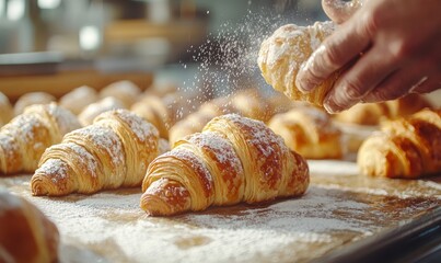 Baker meticulously crafts croissants, skillfully sprinkling sugar glaze on each one, creating a delectable treat straight from the oven, Generative AI
