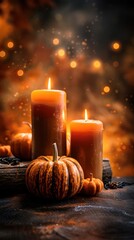 An intimate and warm Halloween setting featuring lit candles with golden light, surrounded by mini pumpkins and autumn leaves, evoking a cozy, magical ambiance.

