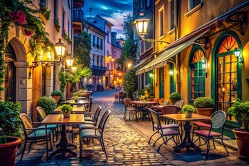 Vintage Night City Street with Colorful Buildings and Empty Restaurant Tables