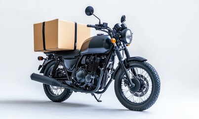 A black motorcycle with a box on top of it