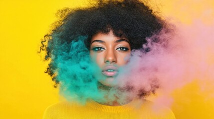 Fototapeta premium A striking portrait of a woman with vibrant curly hair, partially covered by colorful smoke against a bright yellow background.