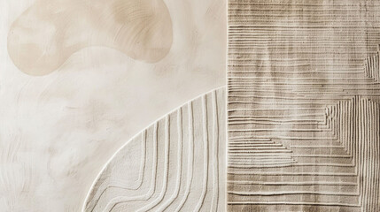 Beige wall with a pattern of lines and curves, white and brown colors, beige tone, minimalist abstract background