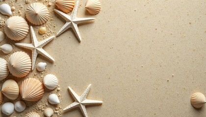 Seashells and Starfish on Sandy Beach, Summer Vacation Concept.
