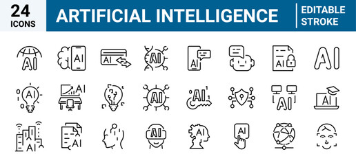 Artificial intelligence set of 24 web icons in line style. AI technology icons for web and mobile app. Machine learning, digital AI technology, algorithm, smart robotic and cloud computing network