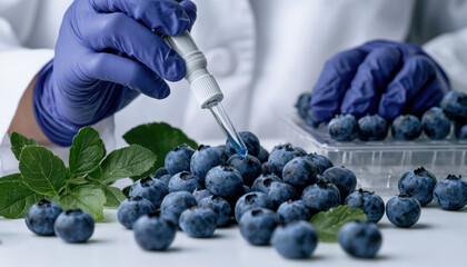A scientist in a lab coat uses a pipette to examine blueberries, emphasizing research in food science and quality control.