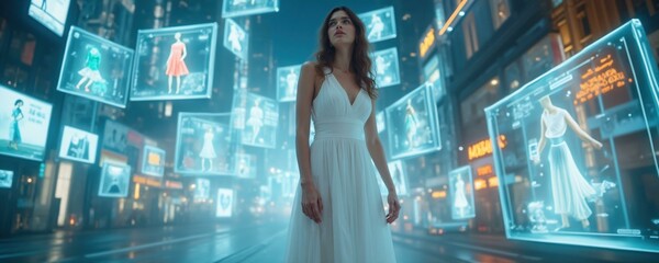 Woman in White Dress Surrounded by Holographic Fashion Displays, Futuristic Shopping Concept.