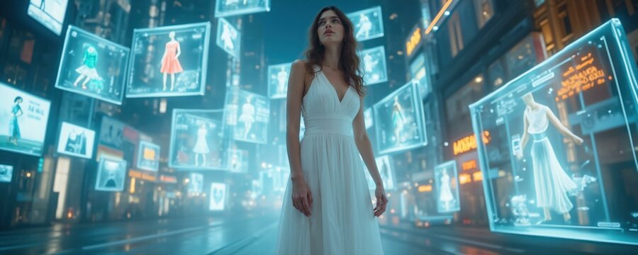 Woman in White Dress Surrounded by Holographic Fashion Displays, Futuristic Shopping Concept.