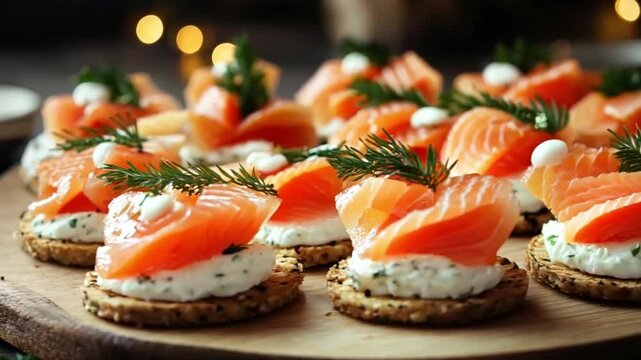 Smoked salmon canap&eacute;s are served on a white plate with gold trim, adding a touch of elegance to a holiday. Festive snacks, dishes