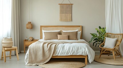 Elegant and Cozy Modern Bedroom Interior Design with Stylish Decor, mockup, poster and Background