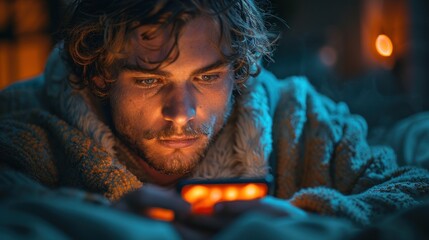 Young man deleting messages on his phone.