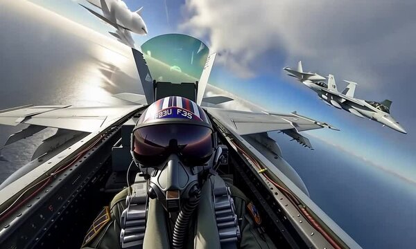 Pilot flying F-35 fighter jet during a mission over the ocean with other aircraft nearby, capturing an exhilarating aerial view in 2023