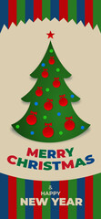 Merry christmas and happy new year greeting card, wallpaper. Christmas tree, balls. Simple flat design for invitation, greeting card, wallpaper. Party event decoration, vector illustration