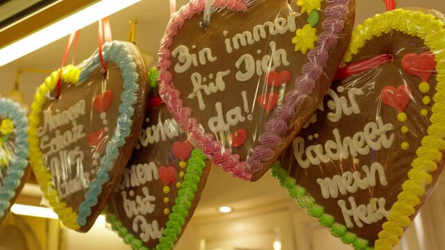 Many different painted and written phrases in German. decorated gingerbreads in the window of a Christmas market in winter