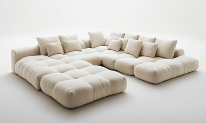 Beige modular sectional sofa on white background.