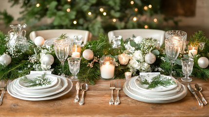 Fototapeta premium Elegant Christmas Table Setting with Candles and Greenery.