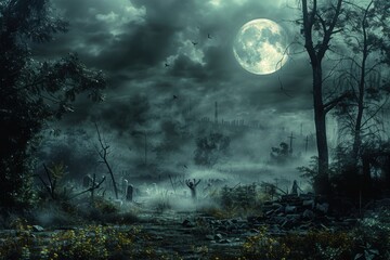 A shadowy path under a full moon in a desolate landscape, where spectral hands eerily rise from the ground, creating a sense of dread and mystery in this ghostly Halloween setting.

