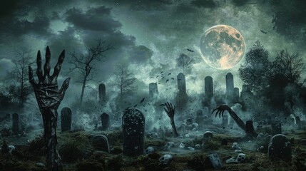 Ethereal hands reach out from the graves in a haunted cemetery under a bright full moon, casting an eerie glow over a fog-enshrouded landscape, perfect for a chilling Halloween tale.


