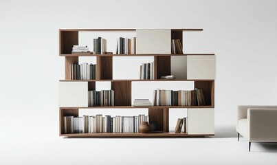 Fototapeta premium Modern bookshelf with white panels filled with books.