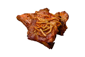 Pork or beef ribs with salt, spices and herbs baked on the grill