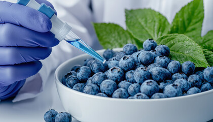 A scientist extracts a liquid sample from blueberries using a pipette in a laboratory setting, emphasizing research on fruits and natural compounds.