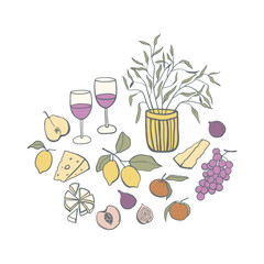 Hand drawn retro style food composition. Set of fruits, cheese and wine