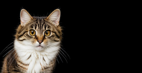 Obraz premium a grey cat on a black background. a pet, a fluffy pet. illustration. artificial intelligence generator, AI, neural network image. background for the design.