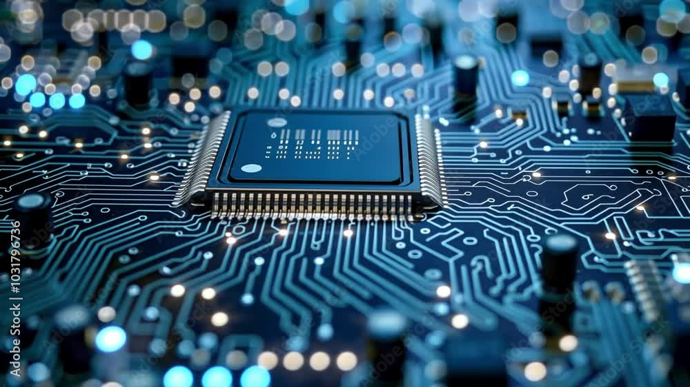 Poster the image reveals a detailed microchip placed on a circuit board adorned with glowing blue lights, h