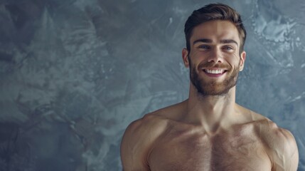 Young beautiful person with defined muscles in front of a wall.