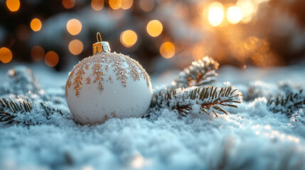Colored glass Christmas balls on the snow close-up