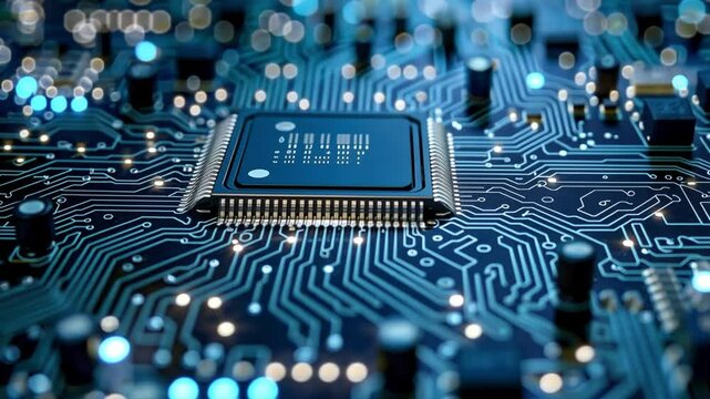 The image reveals a detailed microchip placed on a circuit board adorned with glowing blue lights, highlighting modern technology and electronic components.