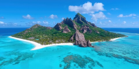 Fototapeta premium Aerial View of Lush Tropical Island with White Sandy Beach and Turquoise Waters