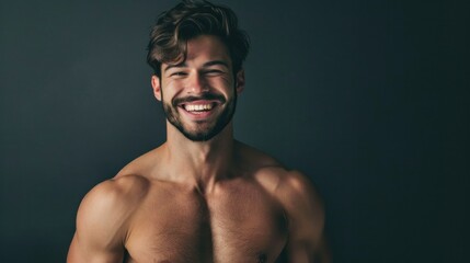 Energetic portrait of a muscular man against a wall in close-up.