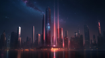 Obraz premium Futuristic cityscape with glowing skyscrapers at night