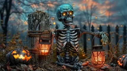 A spooky Halloween display features a skeletal figure holding a lantern, surrounded by carved pumpkins and a misty, forested backdrop, creating an eerie yet festive scene.

