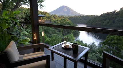 Fototapeta premium Luxury Cabin Balcony with Stunning Lake and Mountain Sunset View