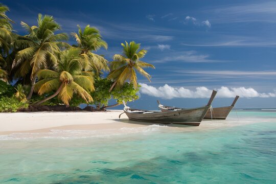 Tropical beach with wooden boats and palm trees, turquoise water in background