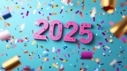 Vibrant celebration of the year 2025 with colorful confetti and festive decorations on a bright background, symbolizing joy and anticipation for the upcoming year.