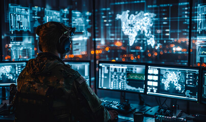Military Surveillance Officer Monitoring City Tracking Operation in High-Tech Central Cyber Control Hub during Night for National Security and Army Communications