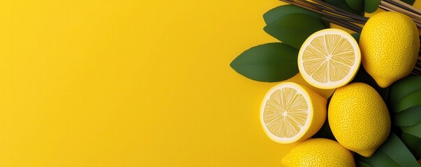 Festive card with fresh lemons and lulav, 3D illustration, traditional Sukkot elements, vibrant colors