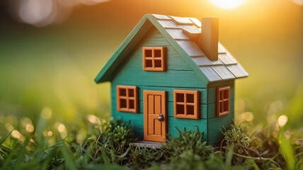 Small Green home on the grass with sun rays